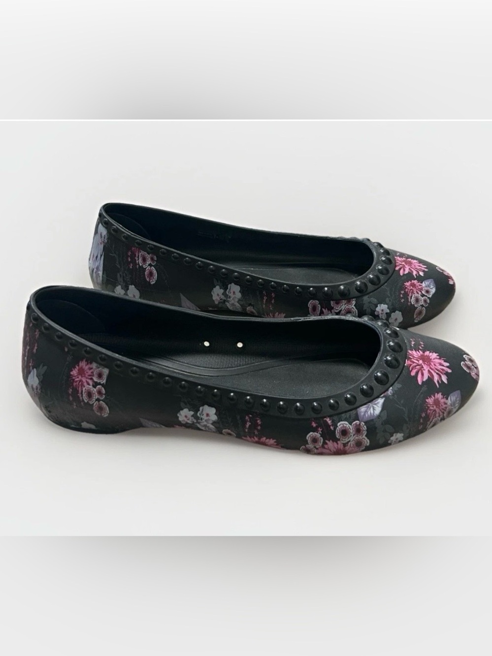 Crocs Ballet Flats Lina Luxe Studded Women 8W Black Floral Slip On Shoes Edgy